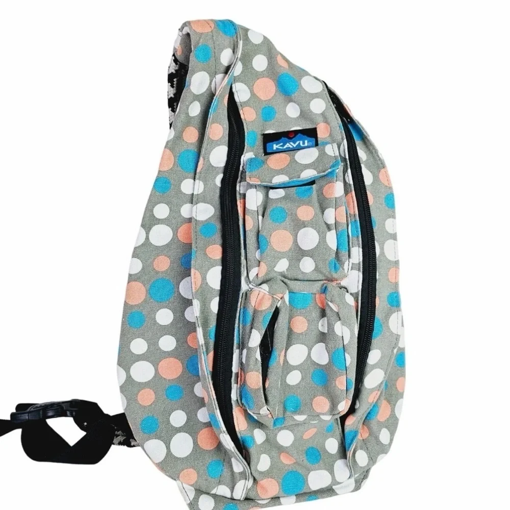 Kavu Gray Sling Backpack with Coral, Teal & White Polka Dots